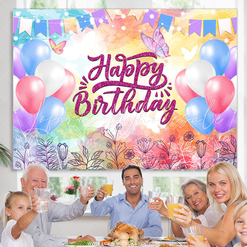 Lofaris Colorful Flags And Balloons Glitter Birthday Backdrop