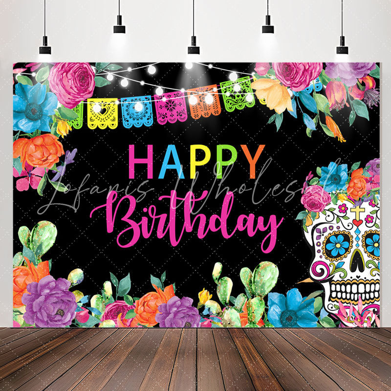 Lofaris Colorful Flower Light Skull Happy Birthday Backdrop