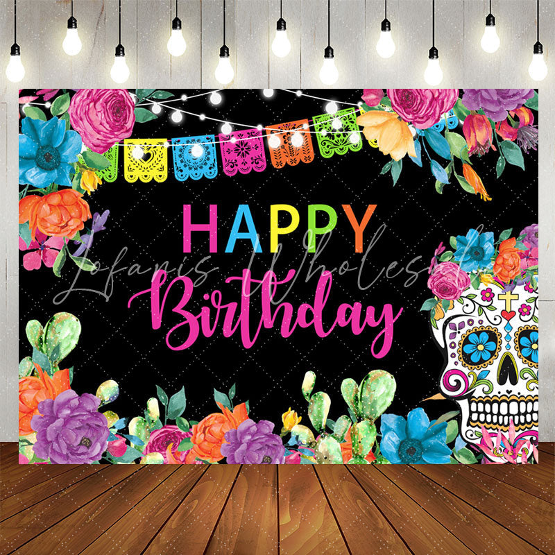 Lofaris Colorful Flower Light Skull Happy Birthday Backdrop