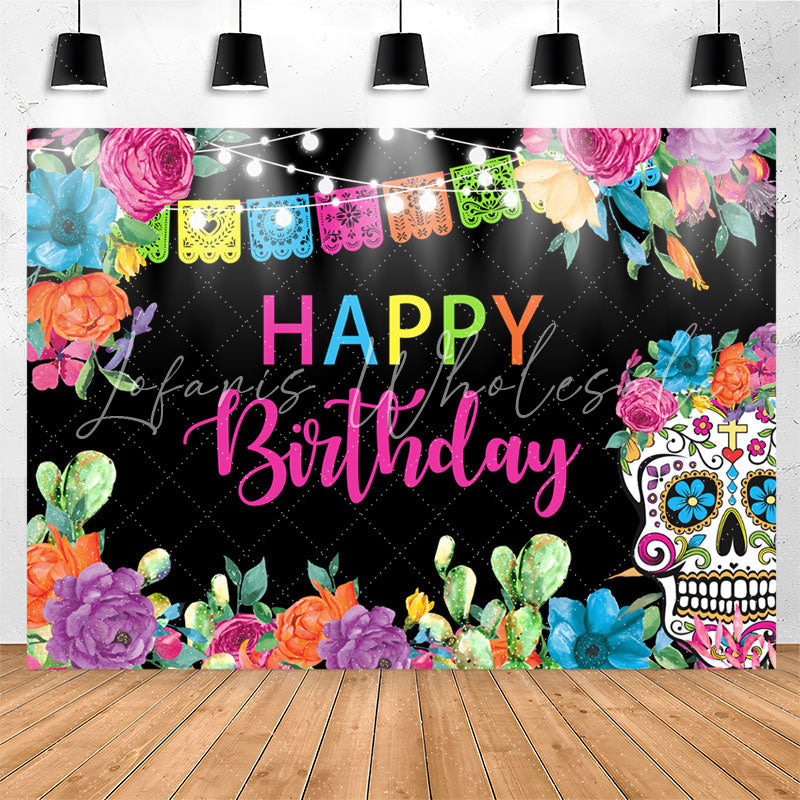 Lofaris Colorful Flower Light Skull Happy Birthday Backdrop