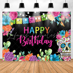 Lofaris Colorful Flower Light Skull Happy Birthday Backdrop
