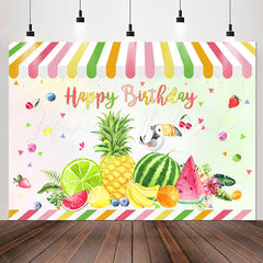 Lofaris Colorful Fruit Shop Parrot Happy Birthday Backdrop