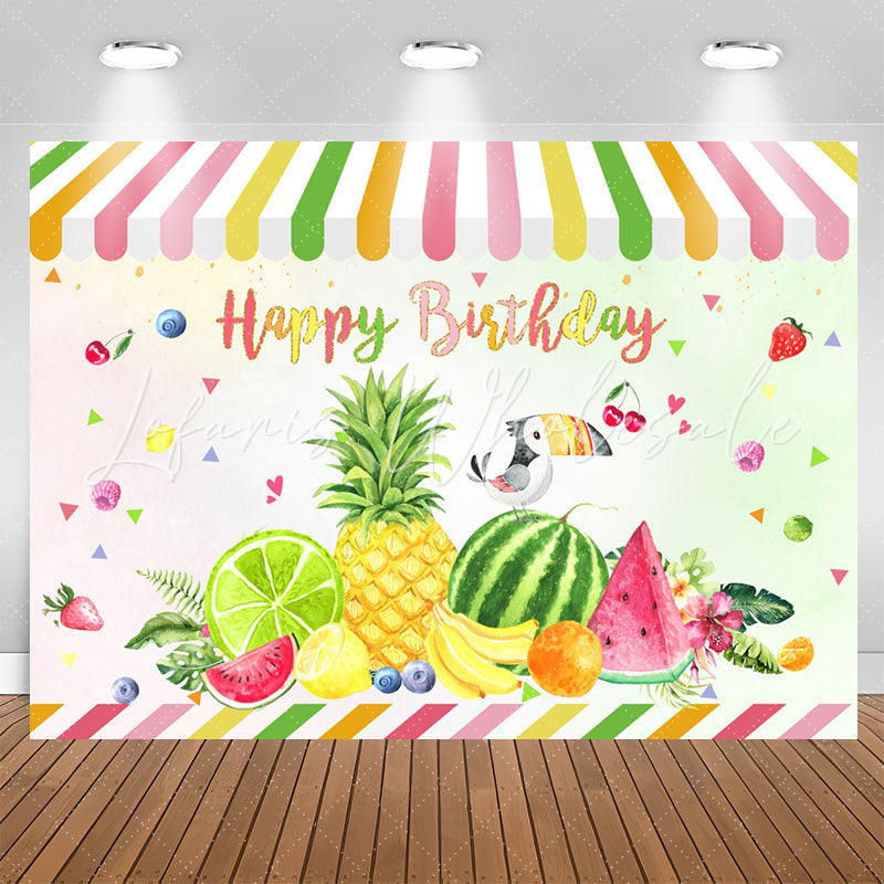 Lofaris Colorful Fruit Shop Parrot Happy Birthday Backdrop