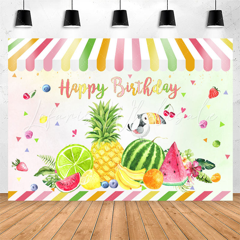Lofaris Colorful Fruit Shop Parrot Happy Birthday Backdrop
