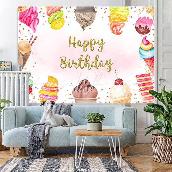 Lofaris Colorful Ice Cream Happy Birthday Backdrop For Girl