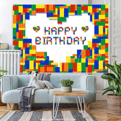 Lofaris Colorful Lego Brick Heart Happy Birthday Backdrop