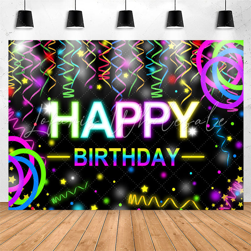 Lofaris Colorful Ribbons Bokeh Black Happy Birthday Backdrop