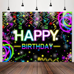 Lofaris Colorful Ribbons Bokeh Black Happy Birthday Backdrop