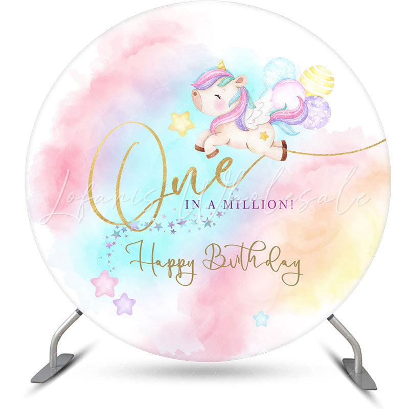 Lofaris Colorful Stars Unicorn Round 1st Birthday Backdrop