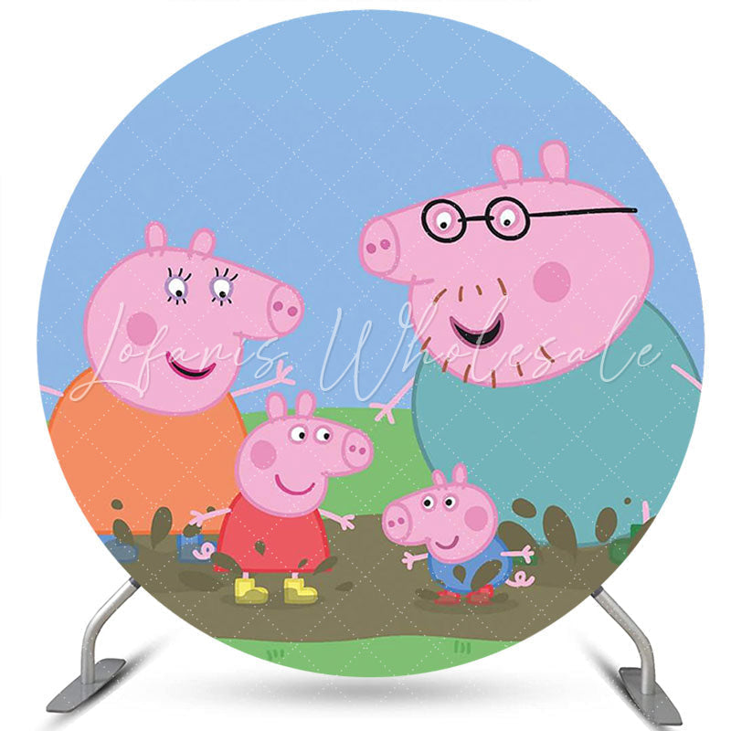 Lofaris Colorful Stripes And Pink Pigs Round Birthday Backdrop