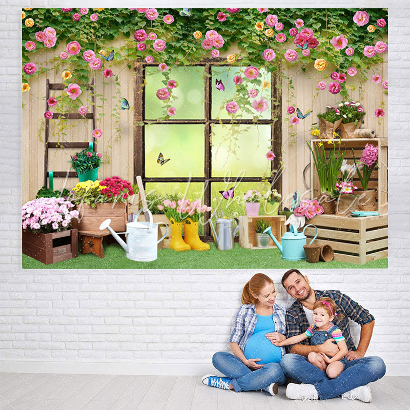 Lofaris Colour Floral And Butterfly Wooden Window Backdrop