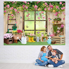 Lofaris Colour Floral And Butterfly Wooden Window Backdrop