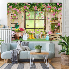 Lofaris Colour Floral And Butterfly Wooden Window Backdrop