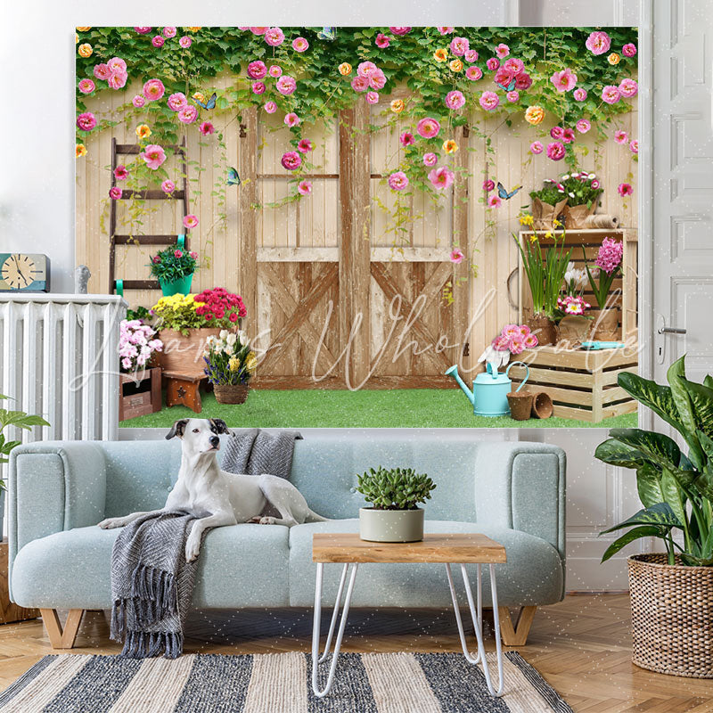 Lofaris Colour Floral And Wood Door Simple Backdrop For Girl