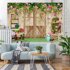 Lofaris Colour Floral And Wood Door Simple Backdrop For Girl