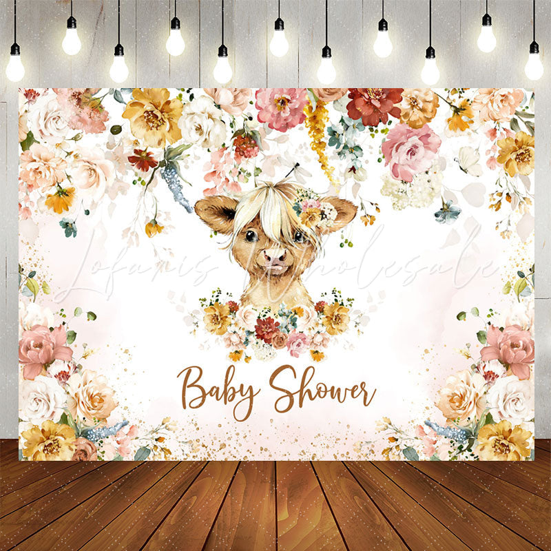 Lofaris Colourful Floral Cow Baby Shower Backdrop For Girl