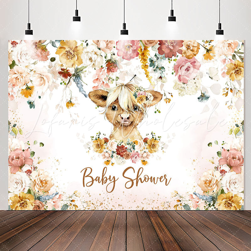 Lofaris Colourful Floral Cow Baby Shower Backdrop For Girl