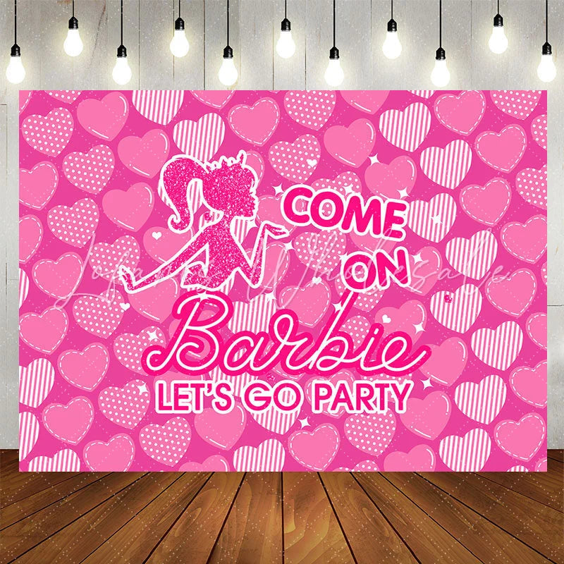 Lofaris Lets Go Party Barbie Theme Pink Heart Backdrop
