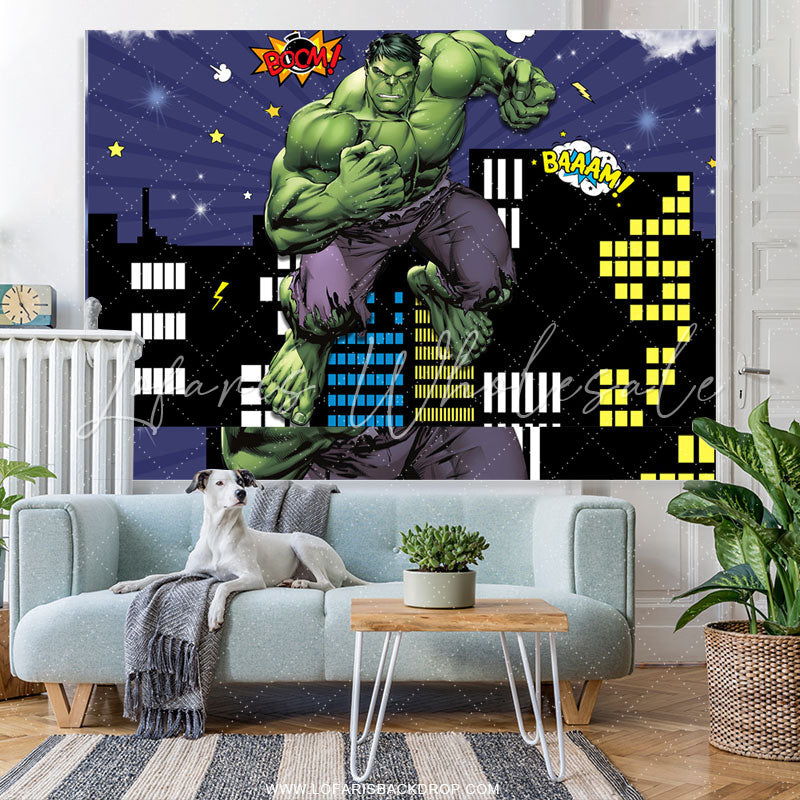 Lofaris Comic Theme Green Hero In Light City Sky Party Backdrop