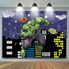 Lofaris Comic Theme Green Hero In Light City Sky Party Backdrop