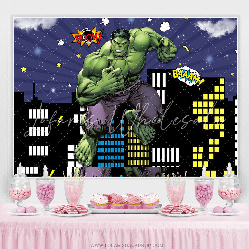 Lofaris Comic Theme Green Hero In Light City Sky Party Backdrop