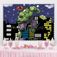 Lofaris Comic Theme Green Hero In Light City Sky Party Backdrop
