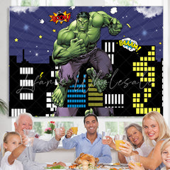 Lofaris Comic Theme Green Hero In Light City Sky Party Backdrop