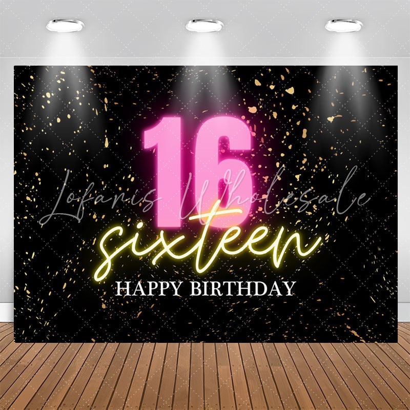 Lofaris Confetti Gold Black Happy Sixteen Birthday Backdrop