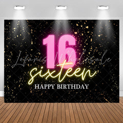 Lofaris Confetti Gold Black Happy Sixteen Birthday Backdrop