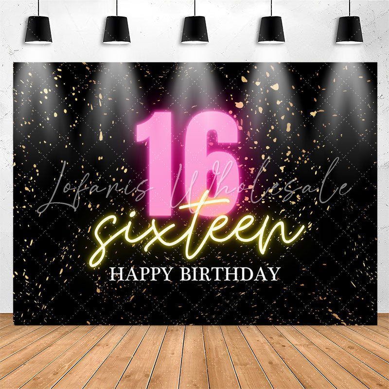 Lofaris Confetti Gold Black Happy Sixteen Birthday Backdrop