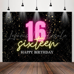 Lofaris Confetti Gold Black Happy Sixteen Birthday Backdrop