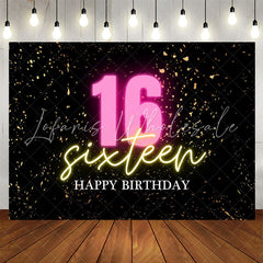 Lofaris Confetti Gold Black Happy Sixteen Birthday Backdrop