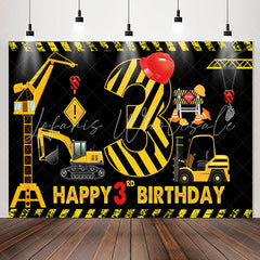 Lofaris Construction Theme Black Happy 3rd Birthday Backdrop