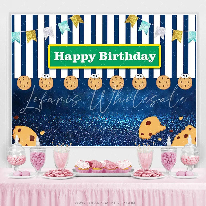 Lofaris Cookies And Glitter Navy Blue Backdrop For Birthday