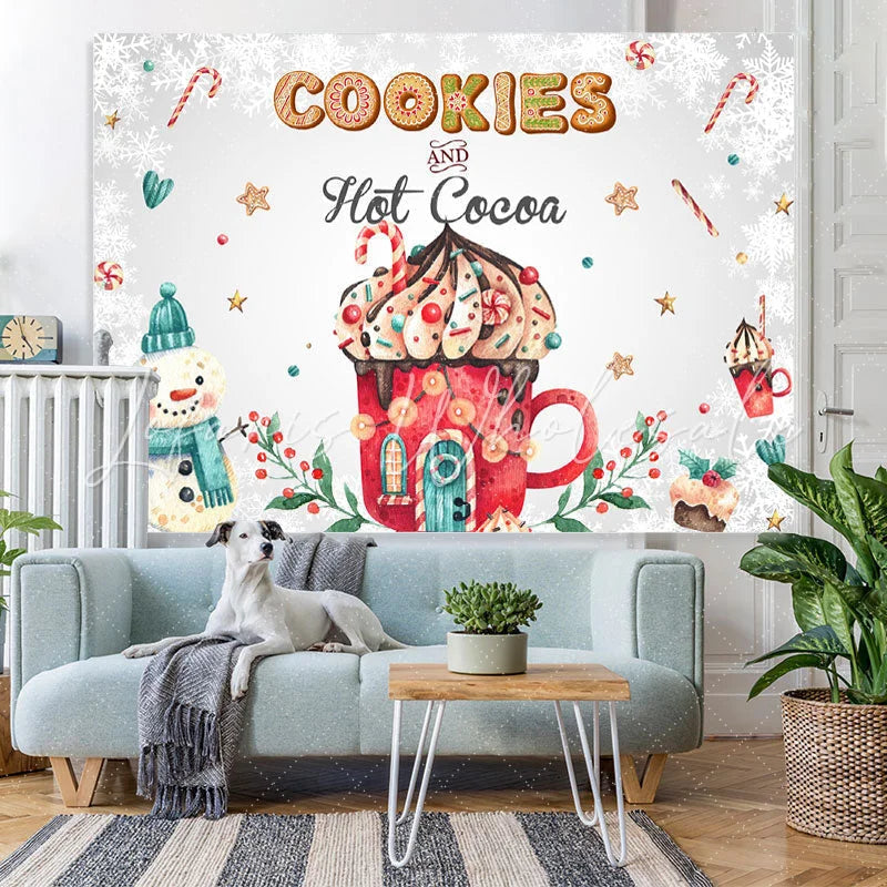 Lofaris Cookies and Hot Cocoa Cute Snowman Winter Backdrop