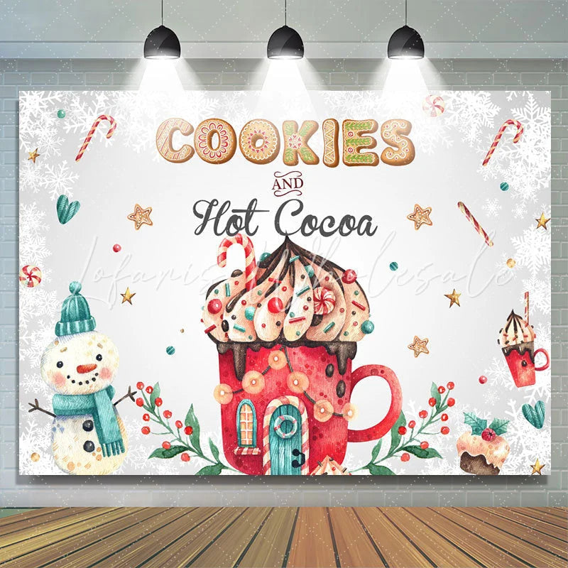 Lofaris Cookies and Hot Cocoa Cute Snowman Winter Backdrop