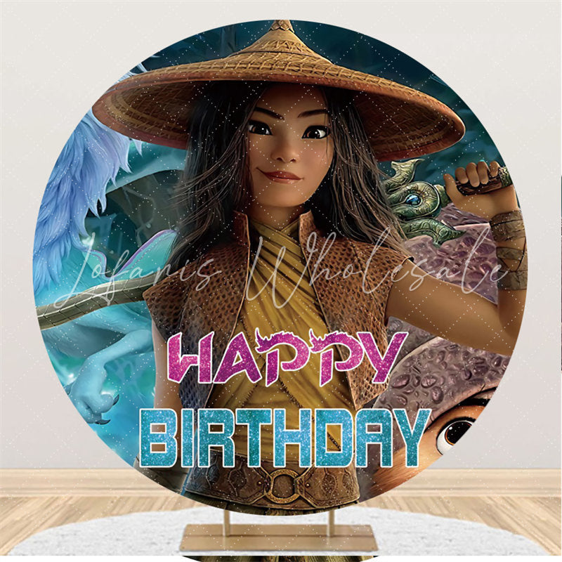 Lofaris Cool Girl Cartoon Frozen Round Happy Birthday Backdrop