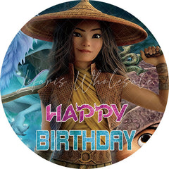 Lofaris Cool Girl Cartoon Frozen Round Happy Birthday Backdrop