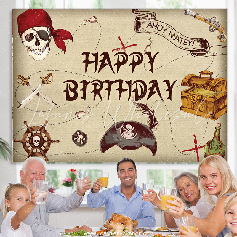 Lofaris Corsair Cartoon Ahoy Matey Happy Birthday Backdrop