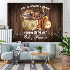Lofaris Cow Boy Is On The Way Brown Wood Baby Shower Backdrop