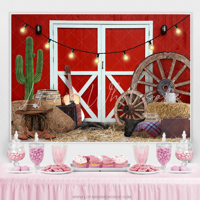 Lofaris Cowboy Fram With Red Door Theme Happy Birthday Backdrop