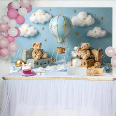 Create Blue Hot Air Balloon Baby Shower Backdrop with Clouds Stars and Teddy Bears Dreamy Photography Background for Newborn Party