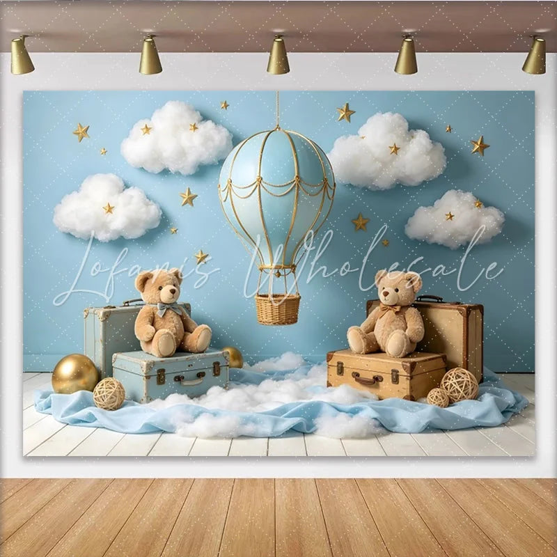 Create Blue Hot Air Balloon Baby Shower Backdrop with Clouds Stars and Teddy Bears Dreamy Photography Background for Newborn Party