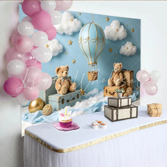 Create Blue Hot Air Balloon Baby Shower Backdrop with Clouds Stars and Teddy Bears Dreamy Photography Background for Newborn Party