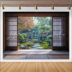 Create Japanese Zen Garden Photography Backdrop with Sliding Doors Peaceful Nature Scene for Studio Portrait