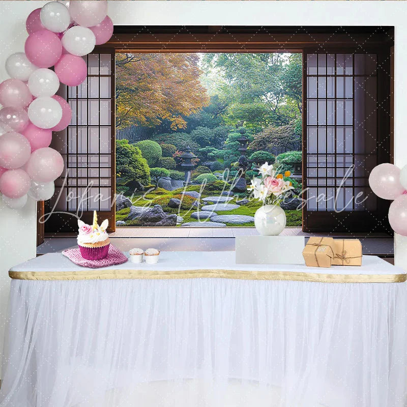 Create Japanese Zen Garden Photography Backdrop with Sliding Doors Peaceful Nature Scene for Studio Portrait