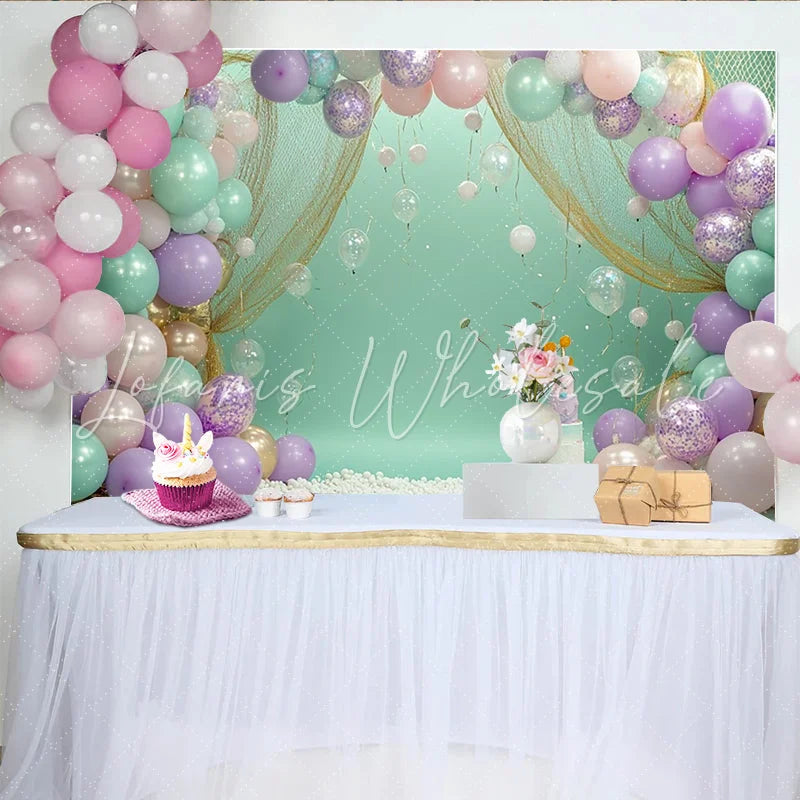 Create Pastel Balloon Birthday Backdrop with Cake Smash Decor Mint Green Party Background for First Birthday Photoshoot