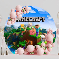 Creative Minecraft Round Backdrop For Gamer Kids Party Celebration