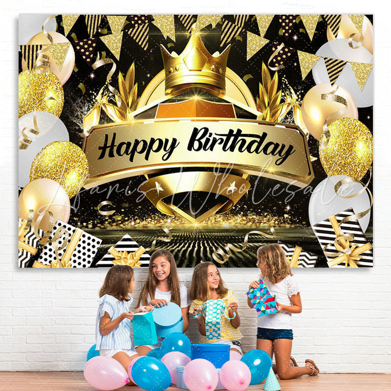 Lofaris Crown Black and Gold Balloon Happy Birthday Backdrop
