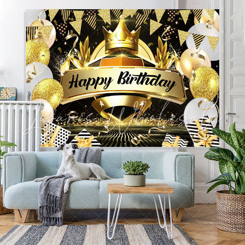 Lofaris Crown Black and Gold Balloon Happy Birthday Backdrop